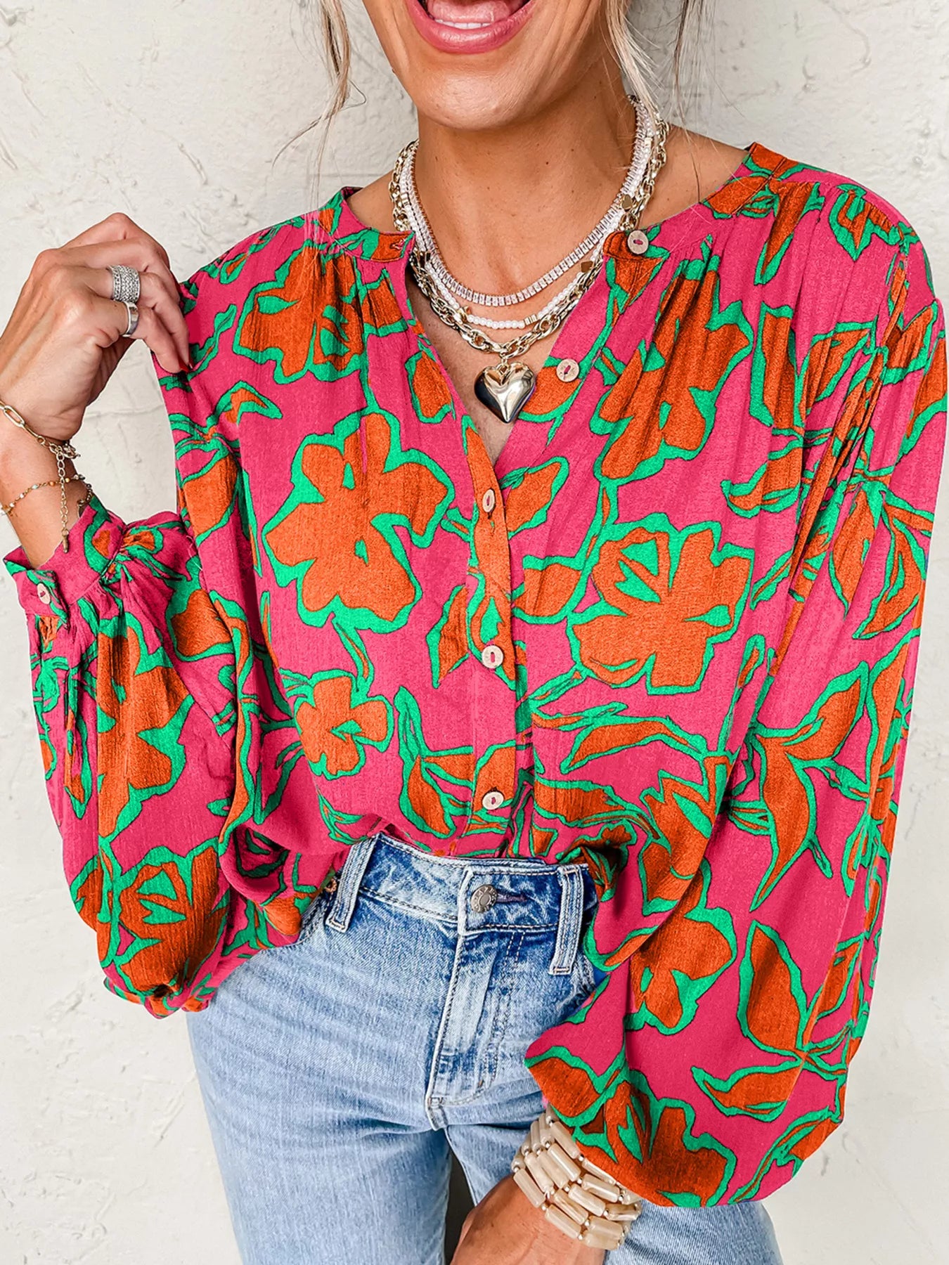 Floral Print Batwing Sleeve Buttoned Loose Fit Shirt
