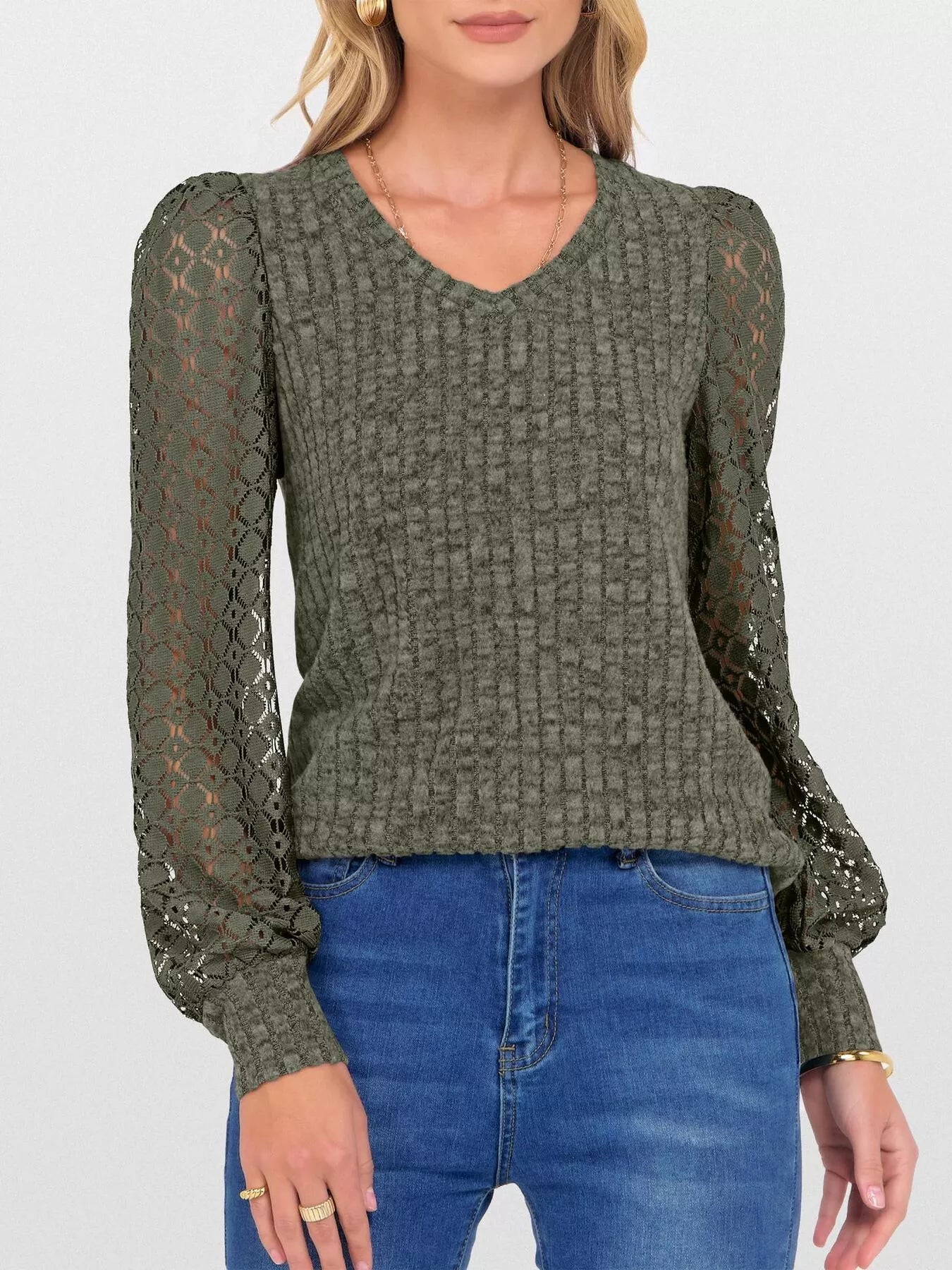 Lace Sleeve V-Neck T-Shirt