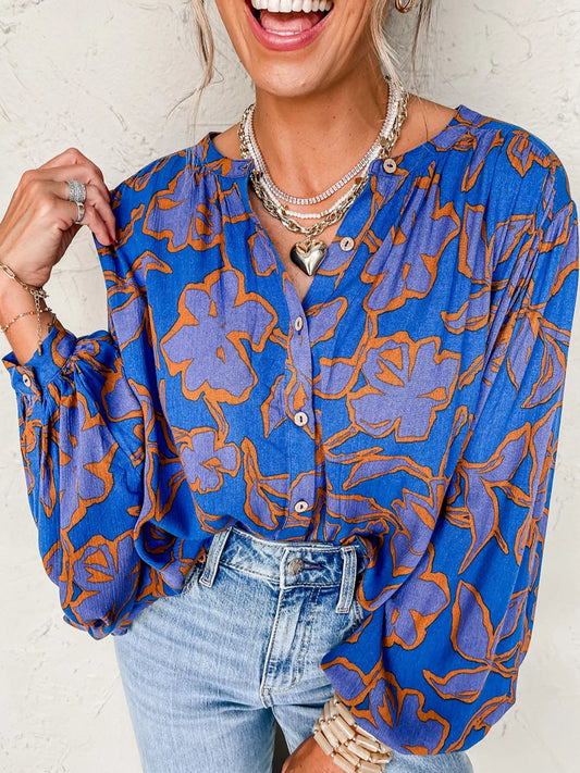Floral Print Batwing Sleeve Buttoned Loose Fit Shirt