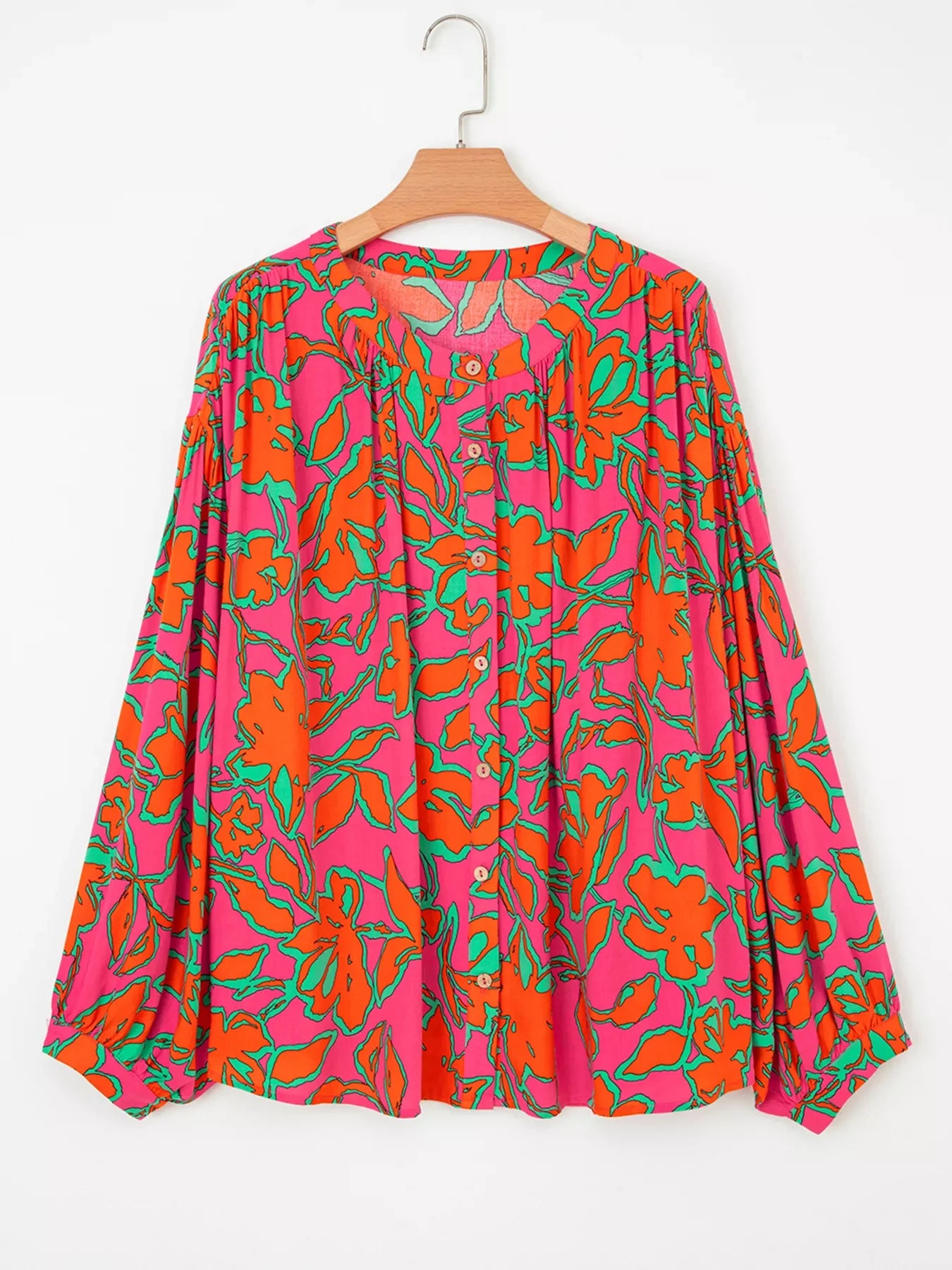 Floral Print Batwing Sleeve Buttoned Loose Fit Shirt