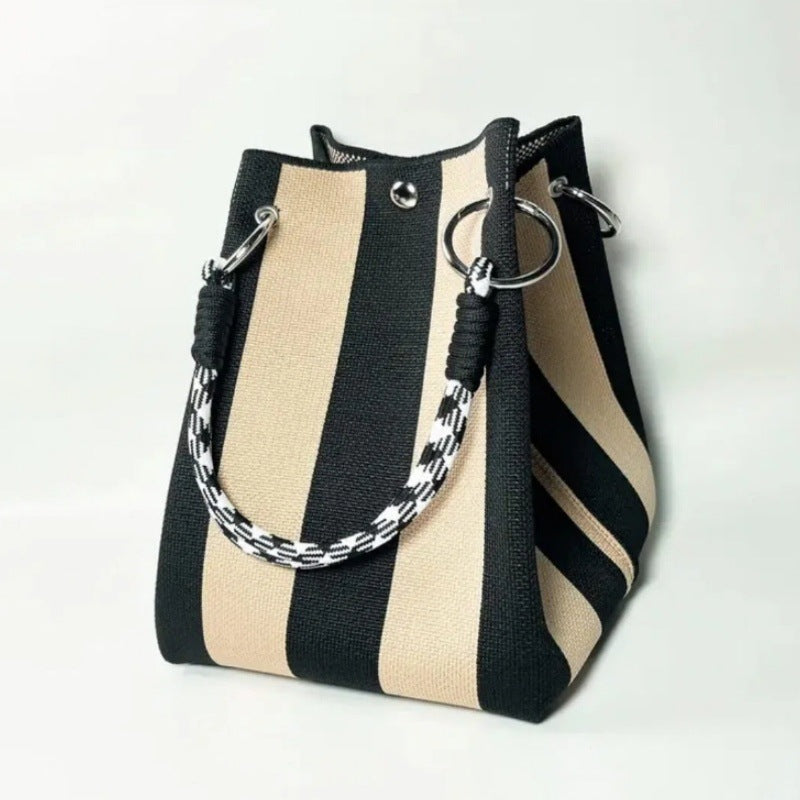 Woven Bucket Bag – Fashion Knit Handbag, Lucky Drawstring Shoulder Purse, Women’s Vacation Tote