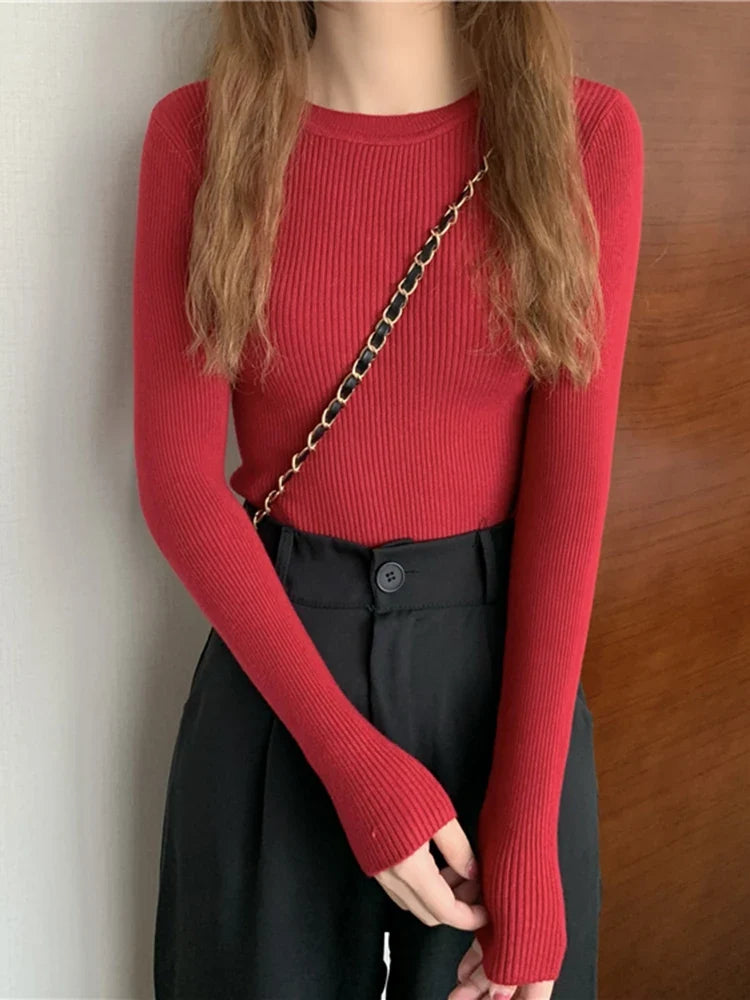 2026 New Women Sweater Autumn Winter Long Sleeve Pullover Basic Top Fashion O-neck Elastic Female Winter Solid Knitted Jumper