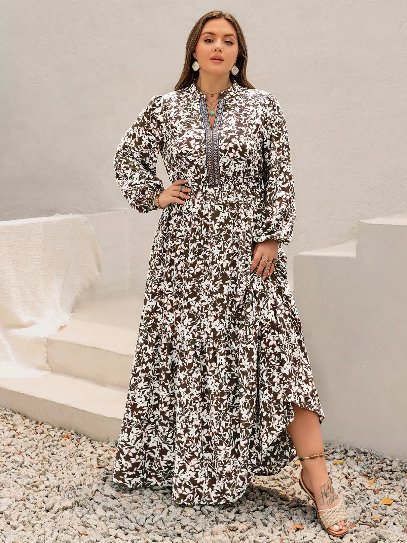 Plus Size Floral Print Long Sleeve Maxi Dress