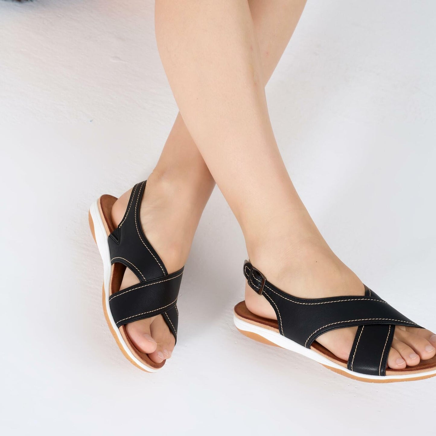 UBFEN Womens Flat Sandals Arch Support Slingback Black Size 10.5